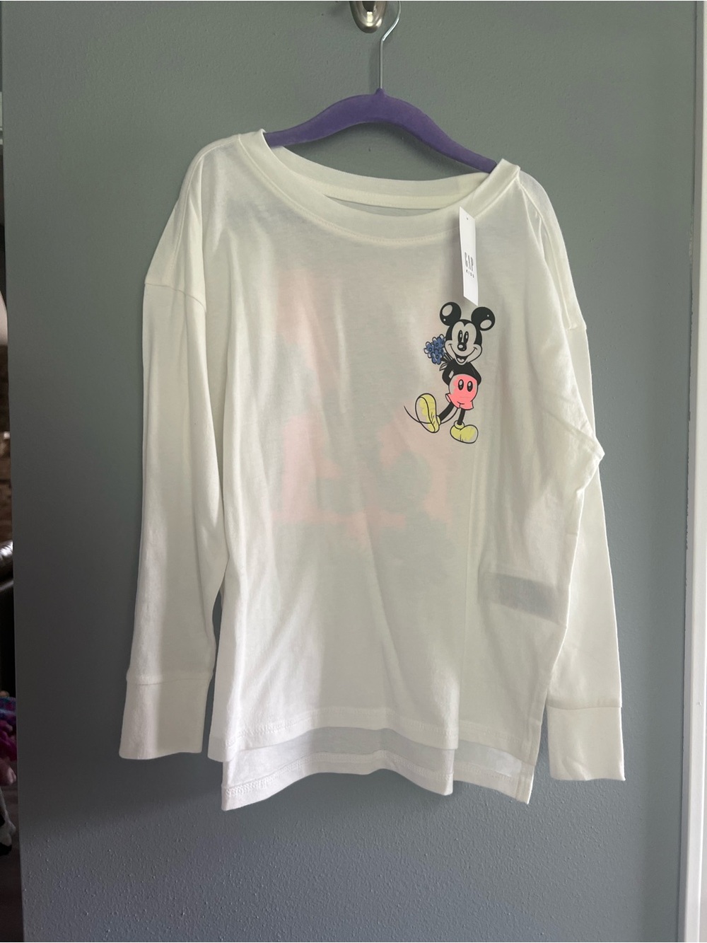 GAP White Long-Sleeve Tee with Mickey Graphic and Pink & Yellow Accents